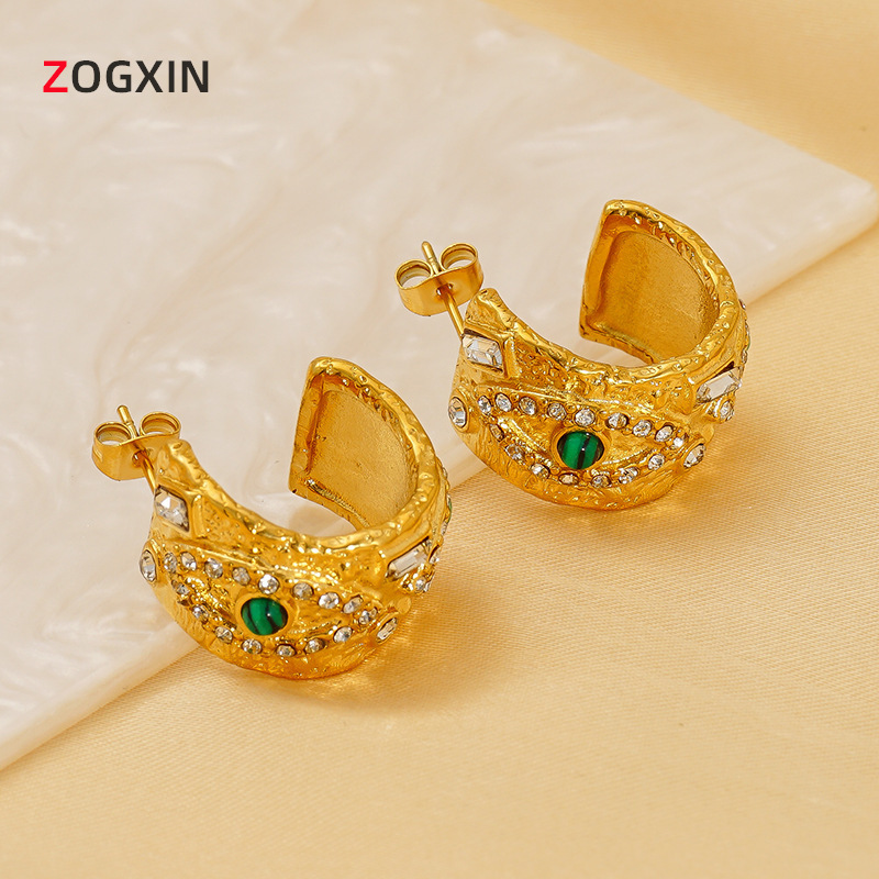 Wholesale European and American Retro Texture Devil's Eye Natural Malachite Earrings Women's Light Luxury High Sense Stainless Steel Earrings