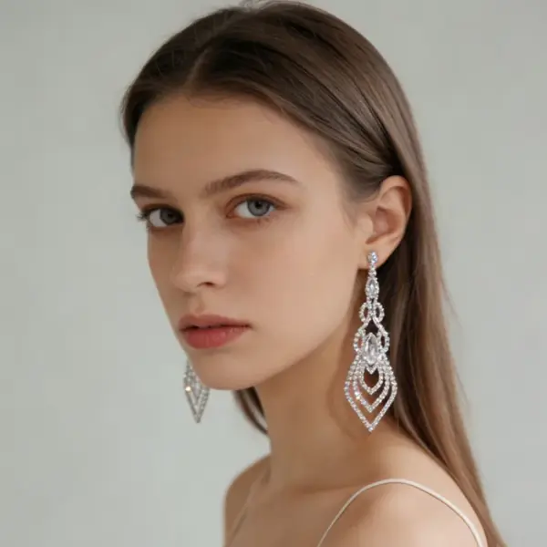 Wholesale Rhinestone Tassel Rhombus Geometric Stud Earrings Full Copper Material Full Diamond Earrings Street Style Silver Plated Drop Earrings