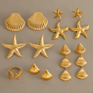 Wholesale 304 Stainless Steel Starfish Shell PVD Coated 18K Real Gold Plated Real Gold Plated Casual Beach Classic Style Waterproof Non Tarnish Cuban Link Chain Curb Chain Rings Earrings