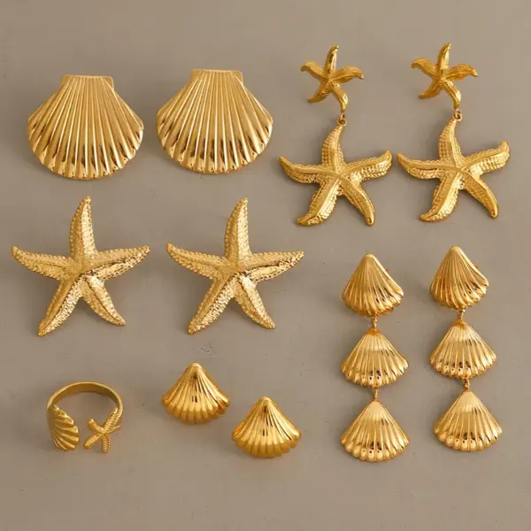oly-011b65de2b5b51521d0b291e7a3865e8 Wholesale 304 Stainless Steel Starfish Shell PVD Coated 18K Real Gold Plated Real Gold Plated Casual Beach Classic Style Waterproof Non Tarnish Cuban Link Chain Curb Chain Rings Earrings