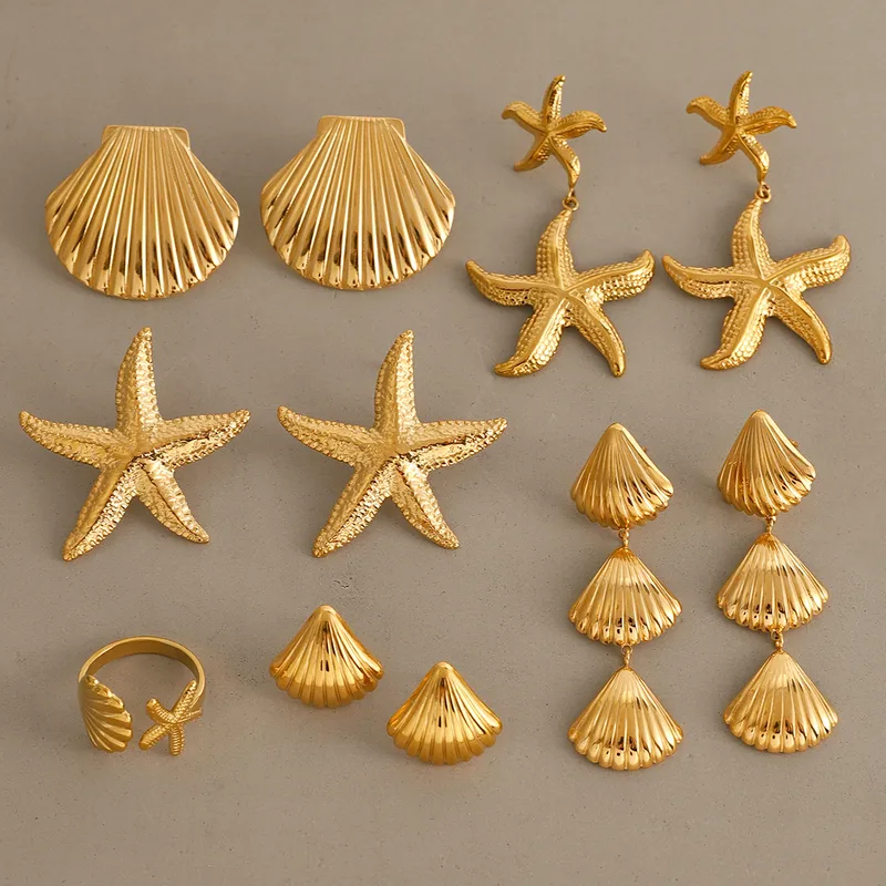 Wholesale 304 Stainless Steel Starfish Shell PVD Coated 18K Real Gold Plated Real Gold Plated Casual Beach Classic Style Waterproof Non Tarnish Cuban