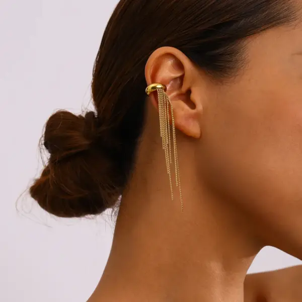 Wholesale Women's Classic Style 18K Gold Plated 304 Stainless Steel Vacuum Electroplated Geometric Color-Block Waterproof Non-Fading Asymmetric Chain Tassel Earrings Set