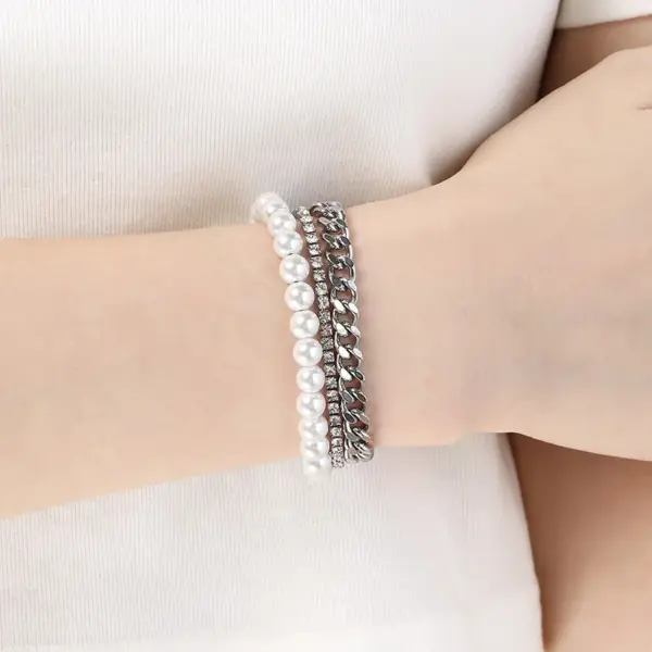 Wholesale 18K Gold Plated Fashion 304 Stainless Steel Layered Zircon Chain Shell Bead Bracelet For Women Unisex Style OT Clasp Jewelry
