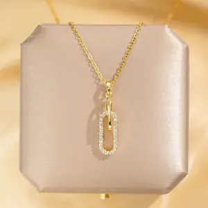 Wholesale 304 Stainless Steel Copper Paper Clip Oval Water Plating Zircon 18K Gold Plated IG Style Elegant Simple Style Inlay Cable Chain Gold Pendant Necklace