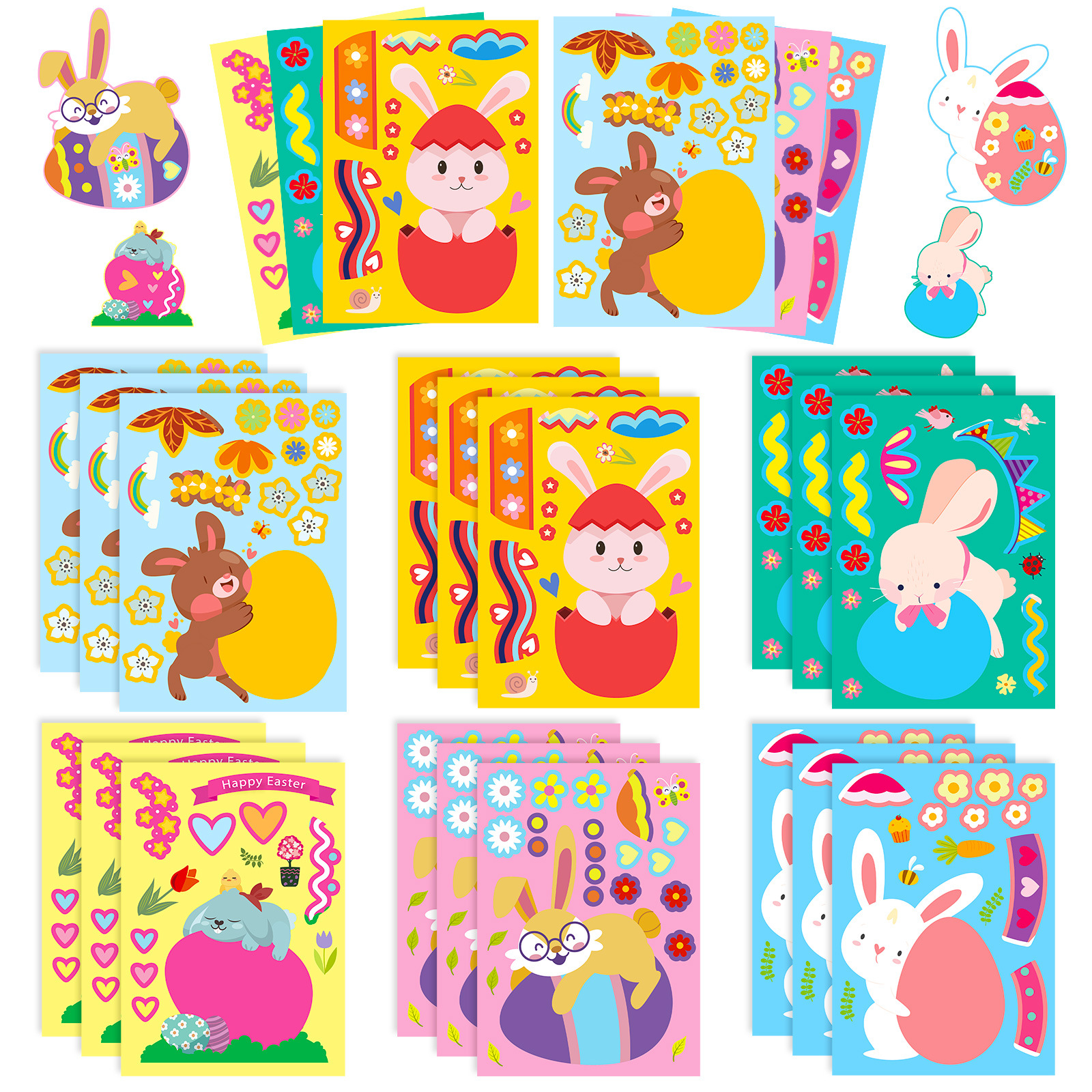 Wholesale 6 sheets/pack Easter rabbit puzzle stickers shrimp skin cross-border new children's educational puzzle colorful egg face changing stickers