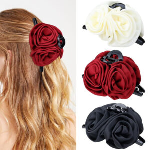 Wholesale Valentine's Day Satin Rose Flower Clamp Large Flower Shark Clip Sweet Pontertail Clip Spring and Summer Hairpin Headwear
