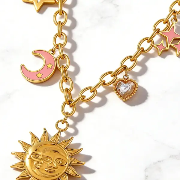 Wholesale Moon Pattern Waterproof Necklace For Adults, 304 Stainless Steel With 18K Gold Plated Finish And Zircon Inlay, Woven Chain