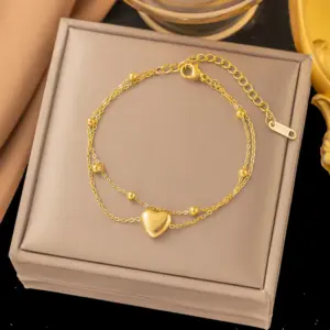 16 [Ae2037] Peach Heart Double Layer Bead Necklace Bracelet / Gold