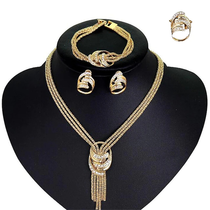 Wholesale Women's Square Crystal Zircon Necklace Earrings Bracelet Set European Italian Rhinestone Gold Plated Earrings Jewelry