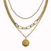 Wholesale French Vintage Double-Sided Portrait Pendant Three-Layer Titanium Steel Necklace Women's Ins Style Geometric Patterned Jewelry