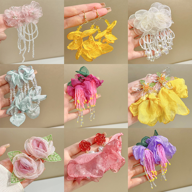 Wholesale Silver Needle Internet Celebrity Fabric Flower Earrings Super Fairy Handmade Beads Fairy Small Fresh Flower Earrings Niche Earrings for Wome