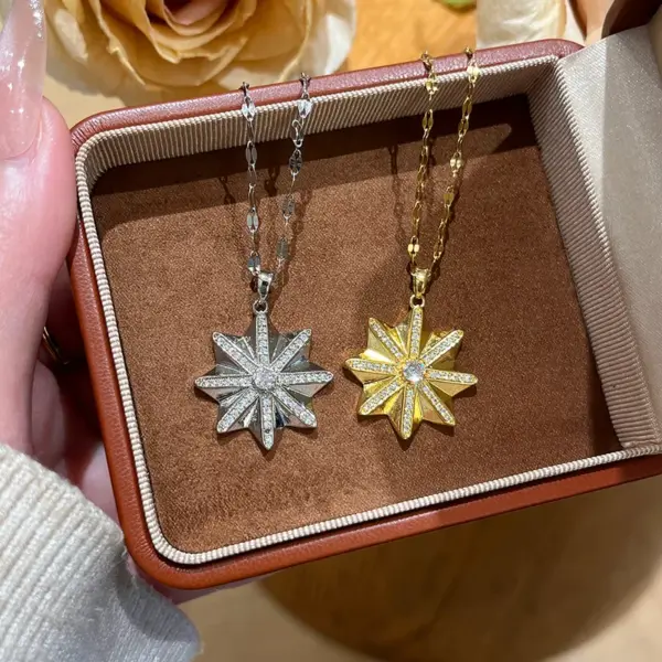 Wholesale Starburst Necklace For Women, Golden Plated 304 Stainless Steel With Zircon Inlay And Cable Chain
