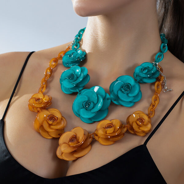 Wholesale Handmade acrylic flower necklace, bohemian style, dopamine-inspired color-blocked rose women's sweater chain