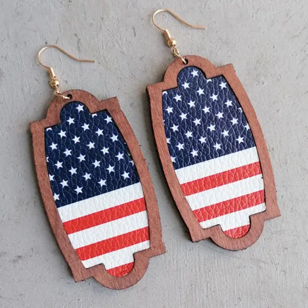 oly-029a48dbfa344e086f18da8c7d3a5703 Wholesale American Flag Independence Day July 4th Star Drop Earrings Wooden Frame Personalized Geometric Pattern Hoop Earrings