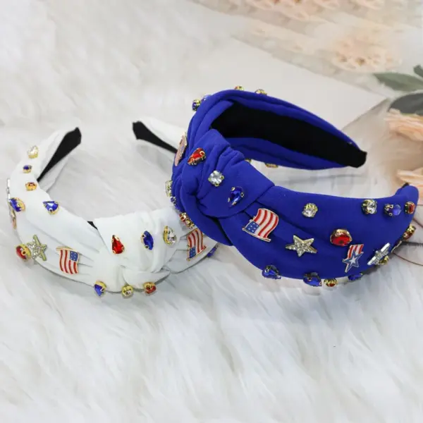 Wholesale Wide-Brimmed Diamond-Studded American Flag Headband, Fashion Knot Design, Suitable For Women's Accessories