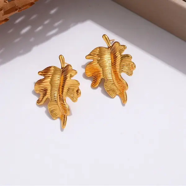 Wholesale Waterproof Non Tarnish Leaves Stud Earrings For Women In 201 Stainless Steel With Real Gold Plated PVD Coating And 0.03µm Thickness