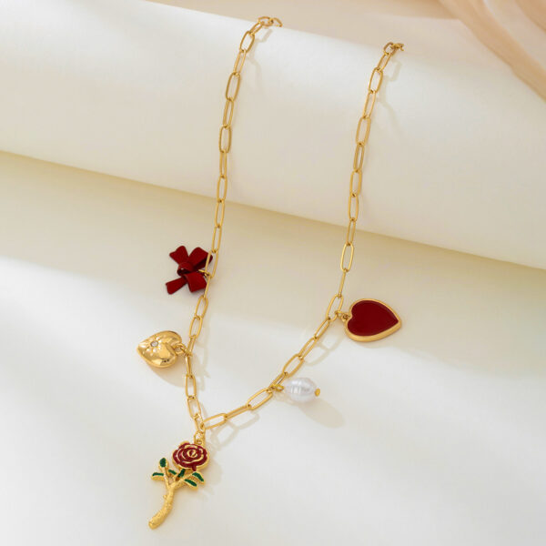 Wholesale 1 fashion simple temperament elegant woman metal red love artificial pearl bow necklace for women