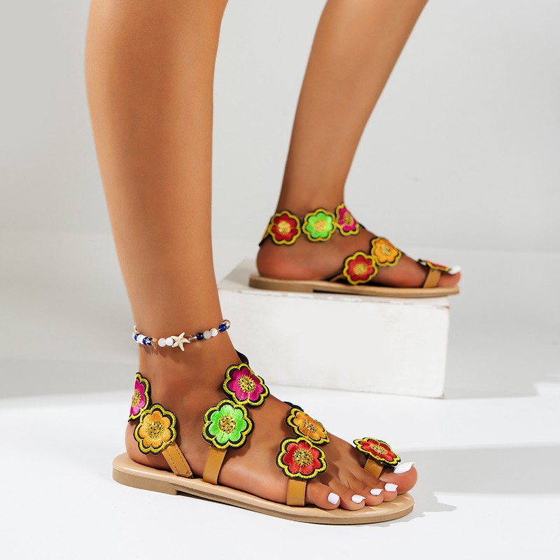 Wholesale Cross-Border 2024 Summer New Sandals Ethnic Style Colorful Flat Women's Shoes Large Size Beach Sandals Fragandal