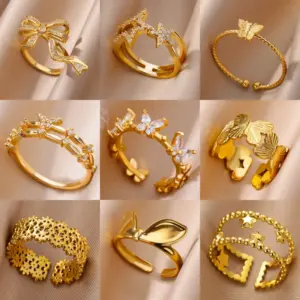 Wholesale 304 Stainless Steel Copper Star Bamboo Butterfly Electroplating PVD Coated Zircon 18K Real Gold Plated Elegant Lady Romantic Star Plating Butterfly Open Rings Rings
