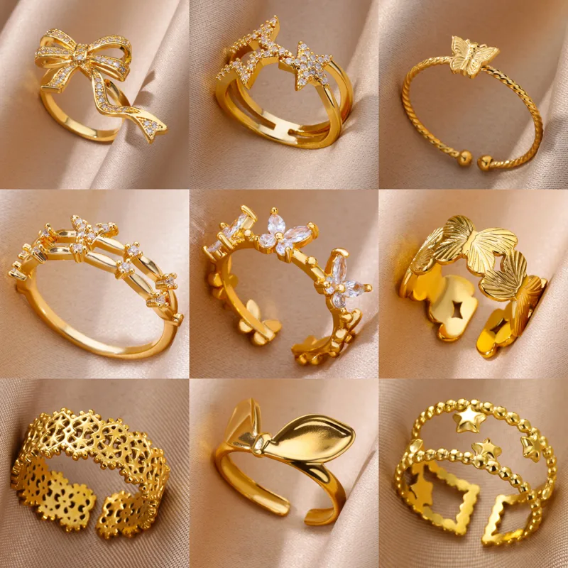 Wholesale 304 Stainless Steel Copper Star Bamboo Butterfly Electroplating PVD Coated Zircon 18K Real Gold Plated Elegant Lady Romantic Star Plating Bu