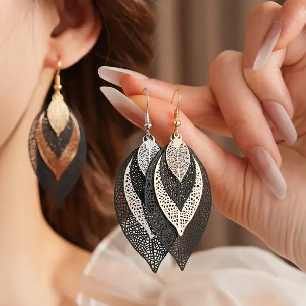 Wholesale Leaf Shaped Hollow Out Multi-Layer Earrings Fashionable Unique Design Personality Exaggeration Small Audience Ear Jewelry