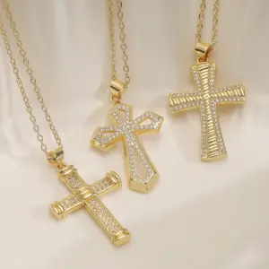 Wholesale Jewelry Commute Cross Copper Zircon Inlay Cable Chain Pendant Necklace