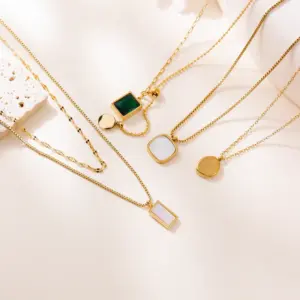 Wholesale Double Layer Stacked Rectangular White Shell Titanium Steel Necklace For Women 18k Gold Clavicle Chain
