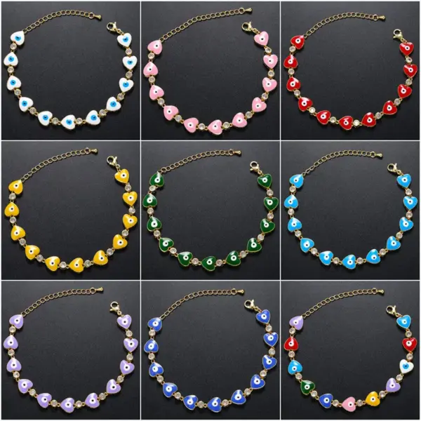 Wholesale Fashion Devil's Eye Heart Shape Copper Bracelets Enamel Inlay Artificial Gemstones Copper Bracelets