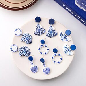 oly-03a313e1977eaf7eb205c20795cf299f Wholesale Chinese style blue and white porcelain fragment earrings new Chinese retro acrylic blue earrings elegant geometric earrings for women