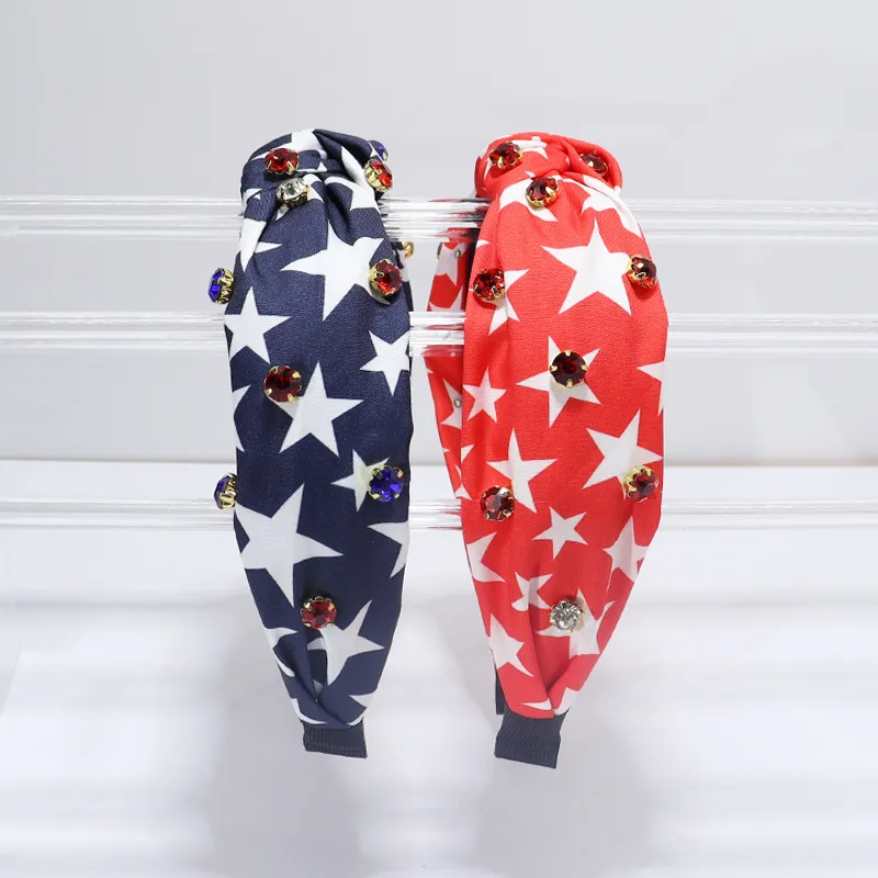 Wholesale Wide Edge Fabric Printed Headband American Flag Independence Day Diamond Decoration Women Hair Accessories All Seasons