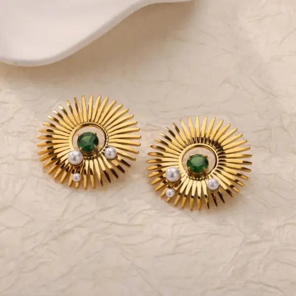 Wholesale Elegant Pearl Imitation Earrings For Women Gold Stainless Steel Sun Pattern Geometric Zirconia Embedded Jewelry Accessories