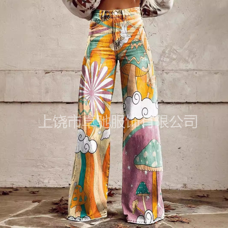 Wholesale Independent Station Xiyin Shopee's Popular 2024 New 3D Heat Transfer Bell-Bottom Pants Simulated Denim Pants Loose Pants