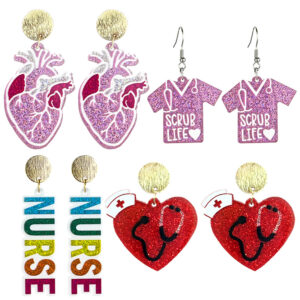 Wholesale Amazon Supply Doctor Nurses Day Earrings Acrylic Pink Heart Nurses Clothing Stethoscope Fun Earrings