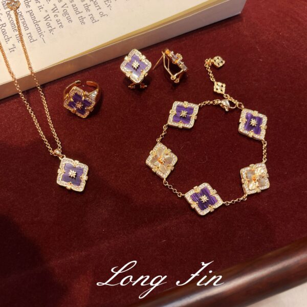 Wholesale Copper four-leaf clover window decoration charoite jewelry set necklace bracelet earring ring