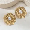 Wholesale Taina 304 Stainless Steel Earrings Light Luxury Niche Flower Pearl Zircon Inlaid Vacuum Electroplated 18K Real Gold Non-Fading Hot-Selling Item
