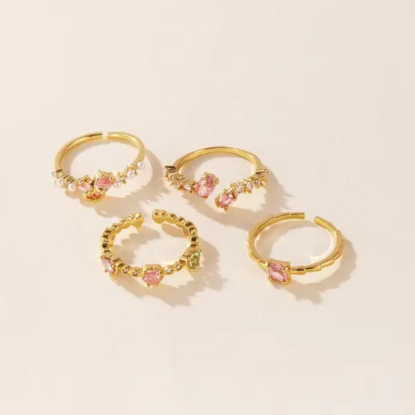 Wholesale Women’s Petal Open Ring With Natural Stone Inlay, Copper Base Featuring 18K Real Gold Water Plating And Stone Texture Craft
