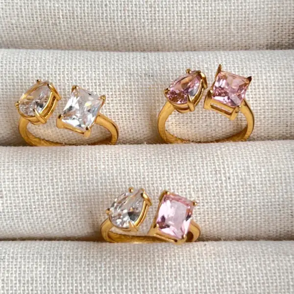 Wholesale 18K Real Gold Plated 304 Stainless Steel PVD Coated Zircon Square Plating Inlay Open Ring