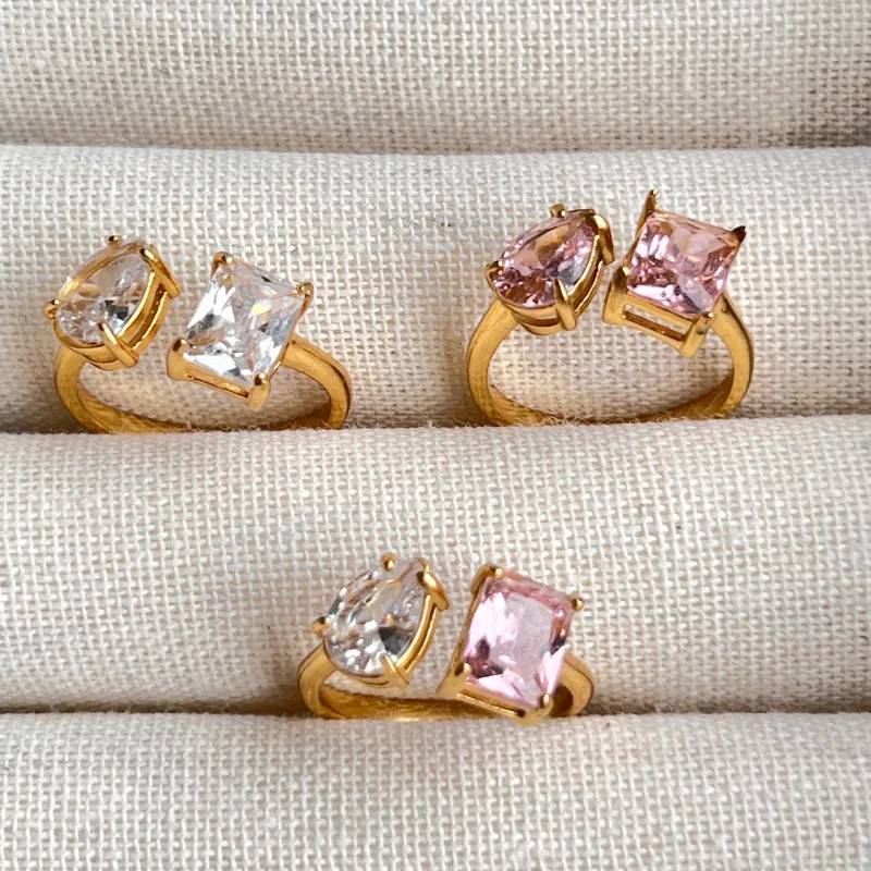 Wholesale 18K Real Gold Plated 304 Stainless Steel PVD Coated Zircon Square Plating Inlay Open Ring