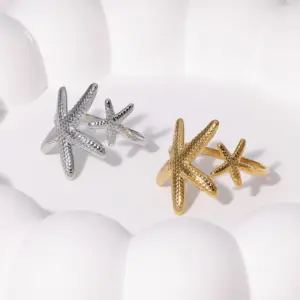 Wholesale PVD Coated Real Gold Plated 18K Gold Animal Starfish 304 Stainless Steel Vacation Beach IG Style Waterproof Non Tarnish Open Rings