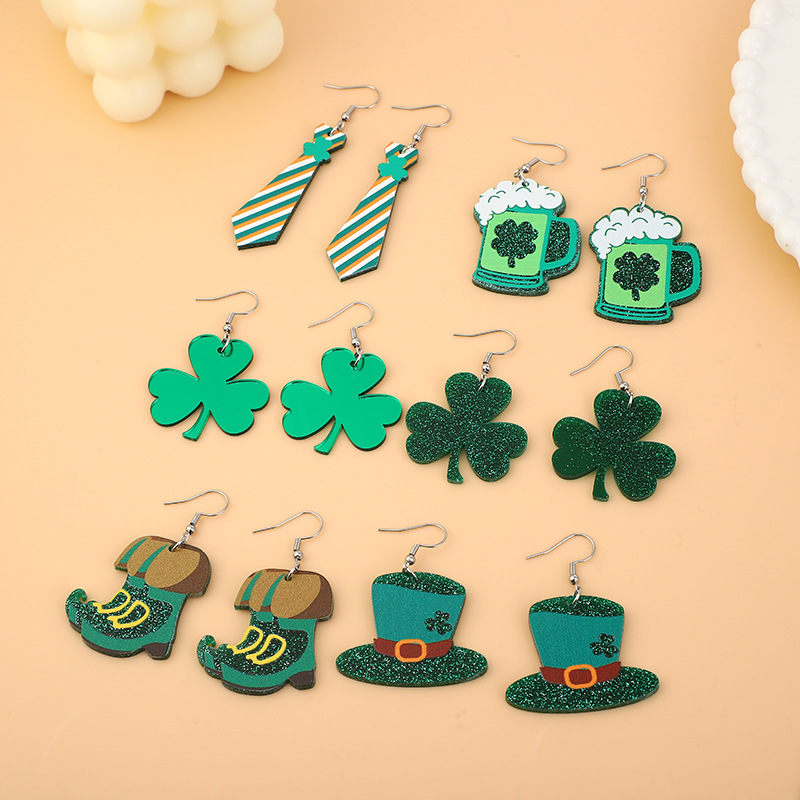 Wholesale St. Patrick's Day Stainless Steel Earrings Carnival Personality All-Match Green Glitter Clover Clover Earrings