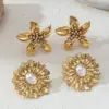 Wholesale Taina 304 Stainless Steel Earrings Light Luxury Niche Flower Pearl Zircon Inlaid Vacuum Electroplated 18K Real Gold Non-Fading Hot-Selling Item