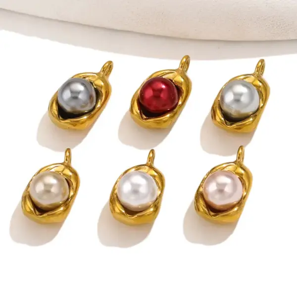 Wholesale 5 PCS/Package Stainless Steel Artificial Pearls PVD Coated Real Gold Plated Solid Color Pendant DIY Jewelry Accessories