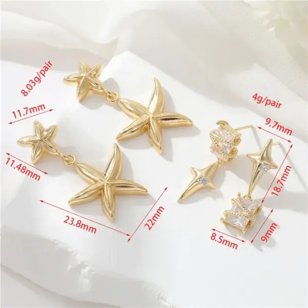 Wholesale Starfish Stud Earrings For Women In Copper With Electroplated Gold Plating And Zircon Inlay