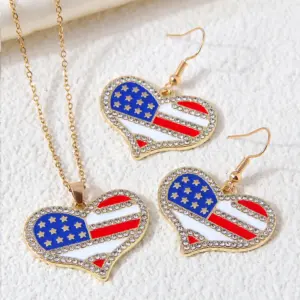 Wholesale Fashionable American Flag Heart Pendant Jewelry Set For Women Elegant Zinc Alloy Rhinestone Earrings Necklace And Bracelet