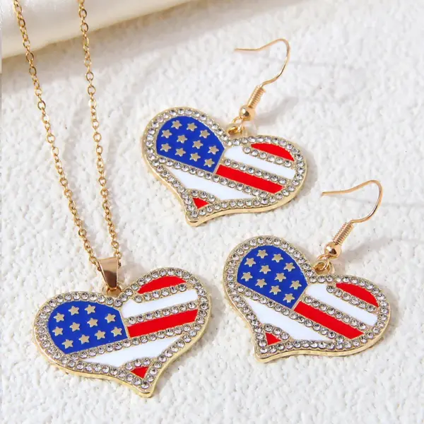 Wholesale Fashionable American Flag Heart Pendant Jewelry Set For Women Elegant Zinc Alloy Rhinestone Earrings Necklace And Bracelet
