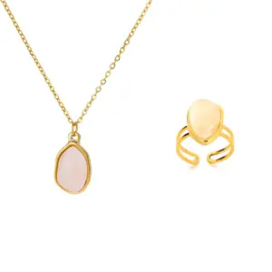 oly-0573655c3d046add39414d69abf81bb5 Wholesale 2pcs/set White Nude Natural Stone Jewelry Set 18K Gold Plated Stainless Steel Necklace Ring Minimalist Water Drop Shape Two-Piece Jewelry Accessories Daily Wear Choice