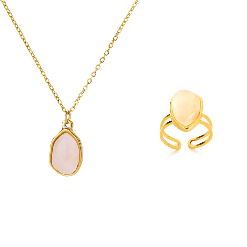 Wholesale set White Nude Natural Stone Jewelry Set 18K Gold Plated Stainless Steel Necklace Ring Minimalist Water Drop Shape Two-Piece Jewelry Accesso