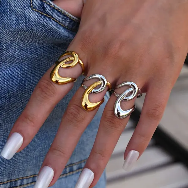 Wholesale Summer Ladies Geometric Lines Stainless Steel Ring Adjustable Size Vacuum Plated 18K Gold Elegant French Style Jewelry Accessory