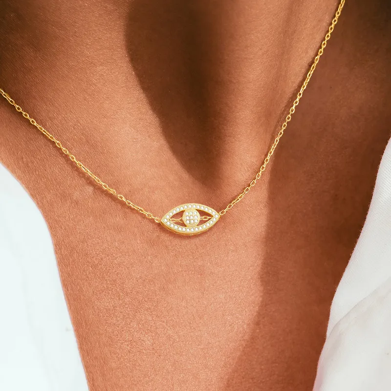 Wholesale Minimalist Classic Style Eye Plated 18K Real Gold Zircon 201 Stainless Steel Copper Cable Chain Cross Chain Lobster Clasp Women's Necklace