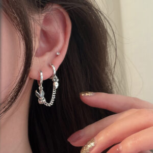 Wholesale s925 sterling silver rabbit carrot single conjoined ear bone double ear hole earrings female minority design sense ear buckle